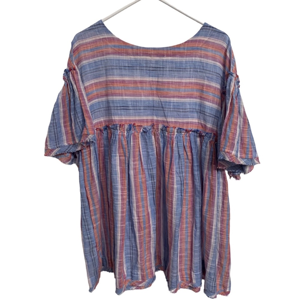 FREE PEOPLE SUMMER NIGHTS STRIPED COTTON TUNIC MINI DRESS SHORT BELL-SLEEVE TOP - Picture 2 of 16